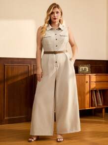 Vintamour Plus Size Women Button Front Sleeveless Pocket Jumpsuit - Khaki - View 1