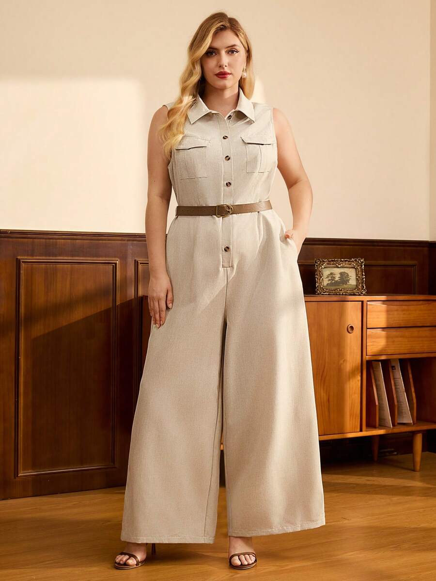 Vintamour Plus Size Women Button Front Sleeveless Pocket Jumpsuit - Khaki - View 1
