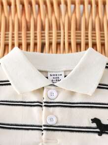 SHEIN Playful Pals 2pcs/Set Baby Boys Casual Fashion Embroidered Striped Polo Collar Short Sleeve Top And Matching Shorts Set, Suitable For Spring/Summer Outdoor, Indoor, Sports, Comfortable, Collegiate Style