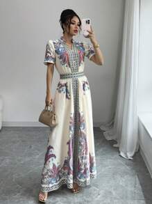 Chiquease Print Puff Sleeve Waisted Mini Dress - Apricot - View 1