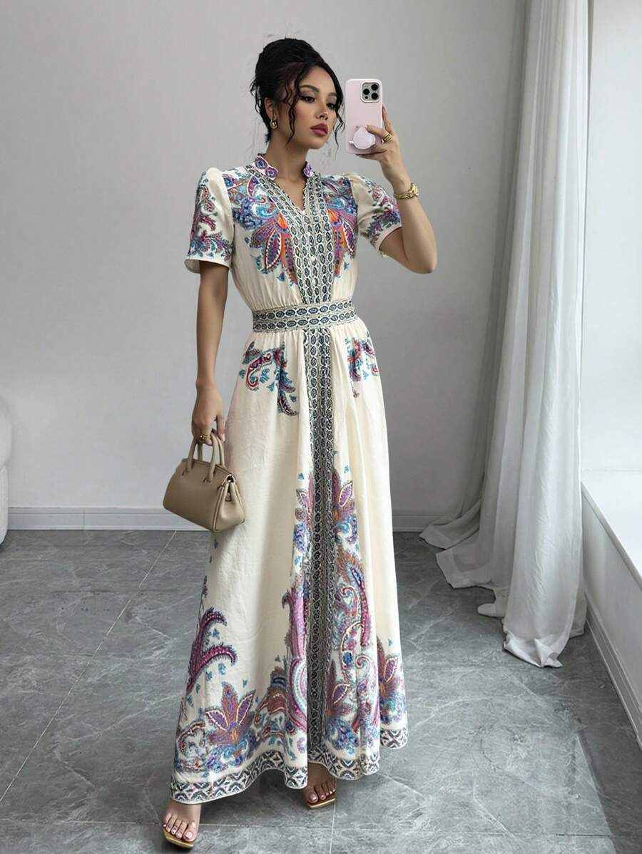 Chiquease Print Puff Sleeve Waisted Mini Dress - Apricot - View 1