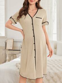 Contrast Trim V-Neck Single-Breasted Chest Pocket Maternity Short Sleeve Casual Dress