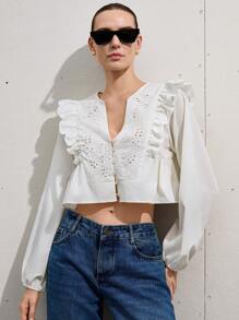 SHEIN Privé New French Fashion Vacation Youthful Minimalist Versatile Casual Round Collar V-Neck Design Embroidery Lace Panel Ruffled Loose Hem Short Long Sleeve Women Blouse Fall Cloth For Women