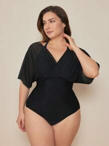 Swim Basics Summer Plus Size Blue & White Porcelain Print One Piece Swimsuit - Black - View 5