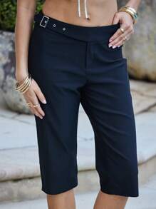 Aralina High Waist Buckled Hem Slim Fit Office Capris For Women Capri Pants - Black - View 4