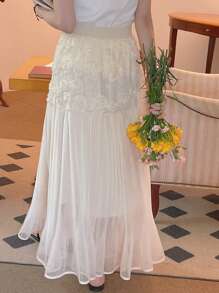 DAZY 3D立体花卉装饰弹力腰褶皱雪纺A字裙，休闲女装 - 杏色 - 查看 2