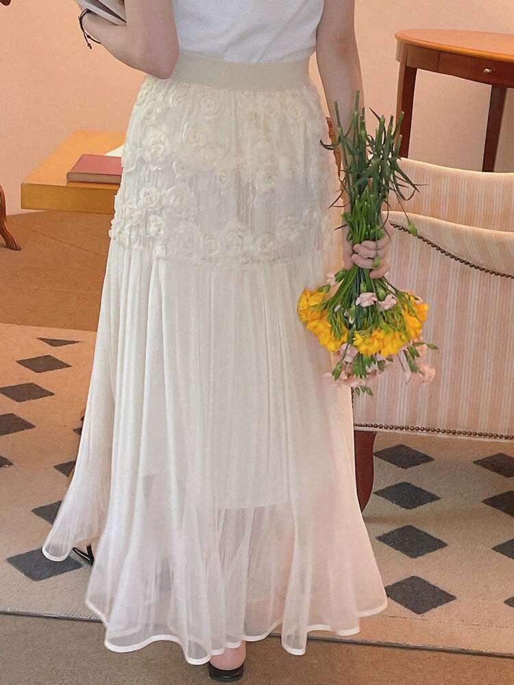 3D Floral Decor Elastic Waist Pleated Chiffon A-Line Skirt, Casual For Women