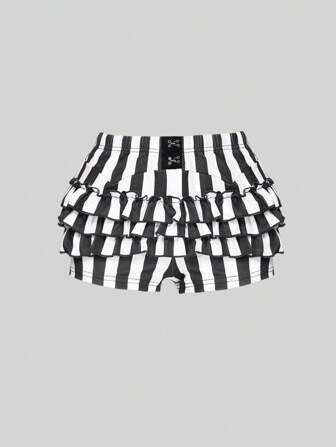 Goth Summer Gothic Black & White Striped Cake Skirt Shorts For Women