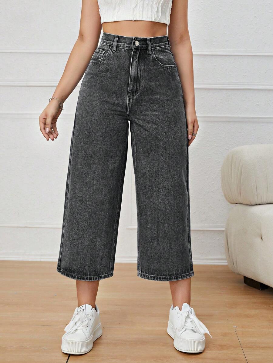 SHEIN PETITE Quần jeans nữ dáng lửng 7/8 màu đen, đa năng, có túi, kiểu dáng thường ngày. - màu đen - Xem 1