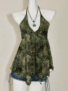 SHEIN ICON 休闲优雅性感绿色佩斯利印花女式背心，适合夏季海滩度假