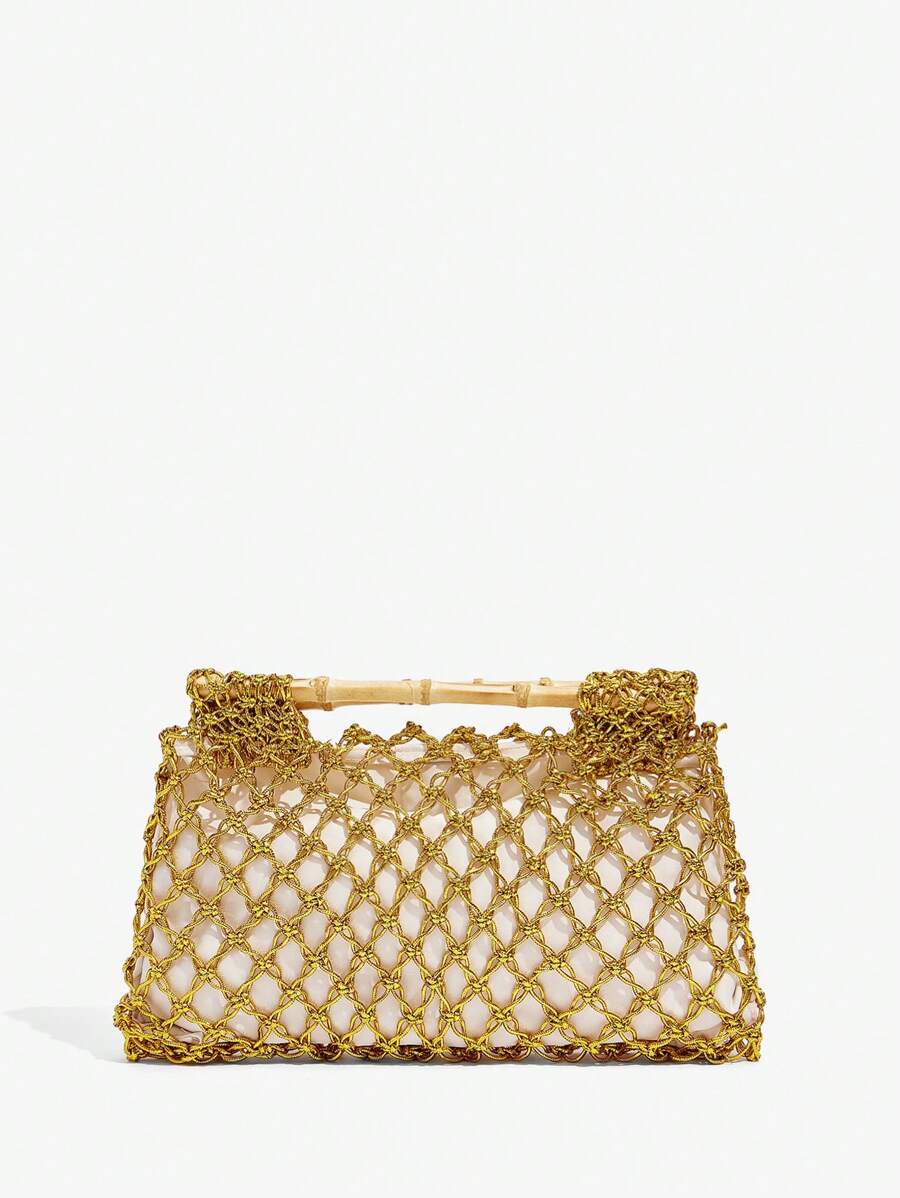 SHEIN SXY 女士手提包，编织包，钩针编织，金色，时尚，优雅，简约，个性化，多功能，木质手柄，适合海滩，度假，节日，夏季