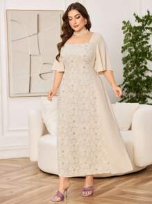 Modelyn Plus Size Women's Ruffled Sleeves Embroidered Patchwork Elegant Midi Dress For Evening Party/Wedding Guest/Anniversary - Multicolor - View 4