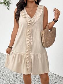 SHEIN Frenchy Plus Size V Neck Sleeveless Ruffle Hem Apricot Color Dress, Fashionable Casual Outfit For Big Size Women,Summer Outfits For Women - Apricot - View 1