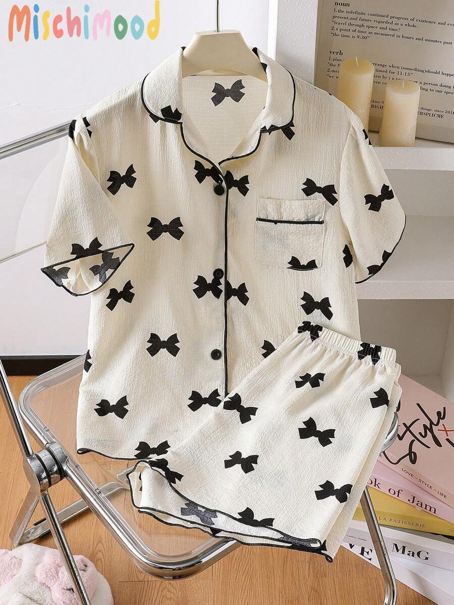 Girls Teen Apricot Base Black Bow Print Lapel Cardigan Short Sleeve Shorts Casual Loose Pajama Set, Summer,Travel - Apricot - View 1