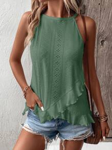 EMERY ROSE Women's Casual Holiday Solid Color Ruffle Neck Halter Top - Green - View 4