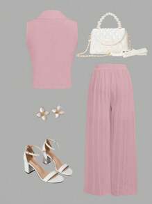 2 件套优雅少女领背心上衣和高腰褶皱裤套装，适合婚礼花童和伴娘的休闲装