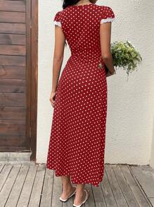 Sunnyshic Váy chữ A tay bồng in họa tiết chấm bi trắng, cổ chữ V, ren xếp nếp, họa tiết hoa, thiết kế tối giản thanh lịch cho kỳ nghỉ, du lịch, thường ngày, xuân/hè - Đỏ - Xem 2