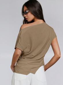 Athîral 女式夏季纯色不对称领口褶皱时尚衬衫上衣 - 軍綠色 - 查看 4