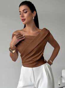 Firerie Women's Elegant Minimalist Chic Fashion Sexy Daily Commute Music Festival Holiday One Shoulder Asymmetrical Draped White Cropped Top, Spring/Summer - Coffee Brown - View 4