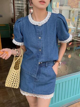 DAZY Set de 2 piezas para mujer de top de cárdigan de cuello redondo con color contrastante y falda vaquera, conjunto casual para niña