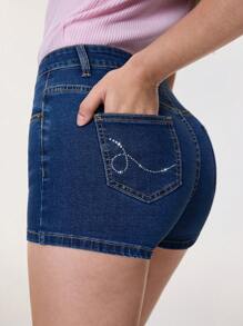 SHEIN Essnce Low Waist Denim Rhinestone Decorated Shorts For Women,New Summer Fashion Casual Elastic Fitted Sexy Slim Attractive Shorts - Blue - View 3