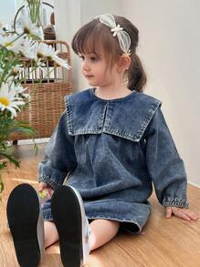 Hapijoa Toddler Girls Cute Fresh Ruffled Collar Washed Long Sleeve Mid-Length Denim Dress - Medium Wash - View 3