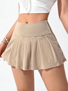 SHEIN EZwear 女士纯色褶皱休闲短裙，夏季时尚 - 卡其色 - 查看 7