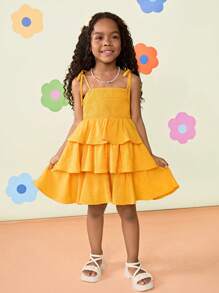 SHEIN Young Girl Pleated Solid Color Snug Fit Casual Dress - Yellow - View 4
