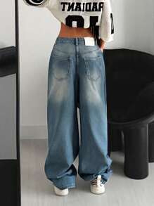 EURMUSE Casual Bleashed Mid Waist Y2K Design Wideleg Jean - Medium Wash - View 2