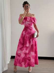 Elenzga Randomly Floral Pattern Elastic Waist Ruffle Hem Maxi Dress, Purple & Pink Tie-Dye Slim Fit Sleeveless Bohemian Holiday Dress For Women, Spring/Summer Elegant Suitable For Date, Travel, Graduation