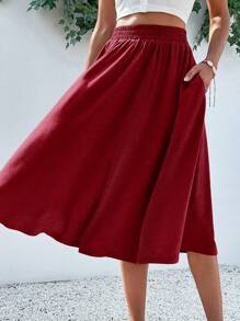 Breezaya Simple Solid Color Casual Vacation Skirt, Summer - Burgundy - View 5