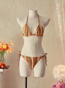 SHEIN Swim 女士对比色条纹比基尼泳装套装，度假和海滩 - 彩色 - 查看 4