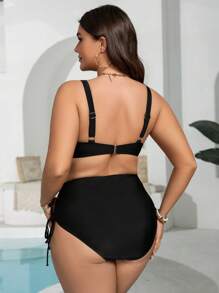 Swim Basics Summer 2pcs/Set Plus Size Women Solid Color Knitted Strapless Bandeau Top And Drawstring Triangle Bottom Bikini Set, Vacation - Black - View 2