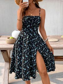 Breezaya Women's Ditsy Floral Long Dress, Spaghetti Strap, Figure-Flattering, Fashionable For Party, Date, Open Back Design, Retro Style - Black - View 6