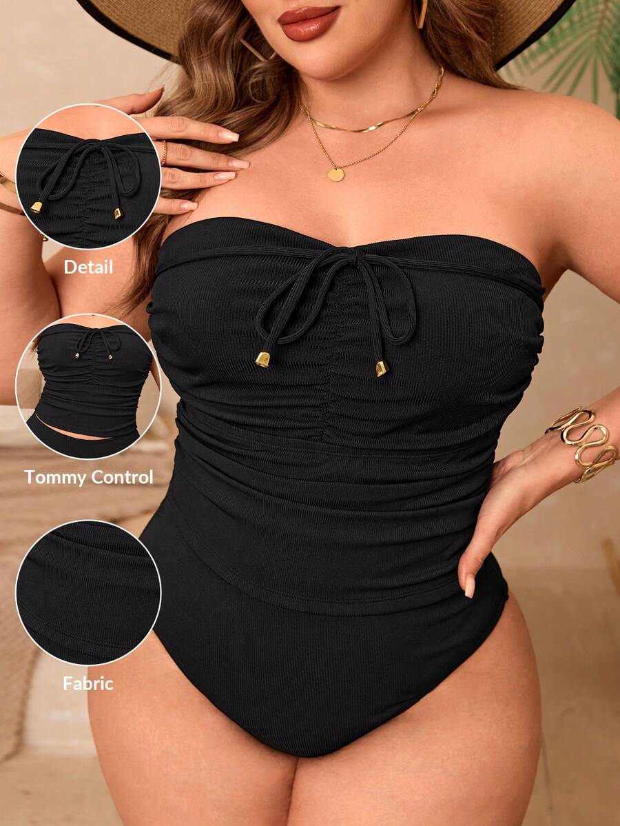 Swim Basics 大码女式纯色前系带抹胸比基尼泳装套装