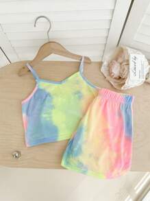 SHEIN 青少年女孩休闲家居和街头服饰扎染吊带背心和短裤两件套 - 彩色 - 查看 3