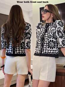 Pariaura 花卉印花蕾丝下摆圆领休闲衬衫 - 黑與白 - 查看 1