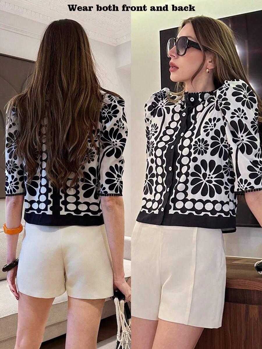 Pariaura 花卉印花蕾丝下摆圆领休闲衬衫 - 黑與白 - 查看 1