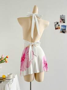 Soleia Conjunto de 2 piezas con top halter de cuello en V sexy con estampado floral y minifalda de cintura baja con cordón, adecuado para vacaciones, citas, té de la tarde, vacaciones, festival de música, estilo bohemio - Rosa - Ver 2