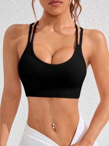 SHEIN Sports 纯色镂空工字背无缝运动瑜伽文胸女款运动文胸女款健身服女款运动文胸女款健身服女款健身装备女款 - 黑色 - 查看 4