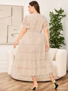 Modelyn Vestido midi de corte evasé de manga corta con bordado de organza elegante, apropiado para tallas grandes, adecuado para primavera/verano