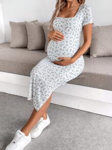 SHEIN Maternity Vacation Casual Mini Ditsy Floral Side Split Midi Dress - Blue and White - View 1