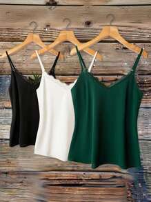 SHEIN Clasi 3 قطع/مجموعة كاميسول نسائي أنيق بتصميم دانتيل مرقع، لون سادة، ملابس صيفية عملية كاجوال للأعمال، أخضر داكن، إطلالات أنيقة للمواعيد والعطلات والشاطئ والمنتجع - متعدد الألوان - مشاهدة 1