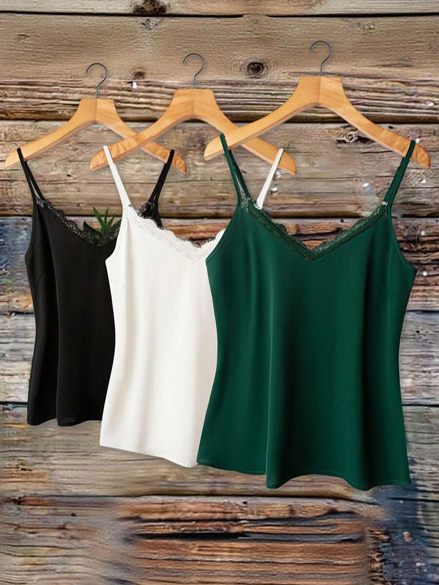 SHEIN Clasi 3 قطع/مجموعة كاميسول نسائي أنيق بتصميم دانتيل مرقع، لون سادة، ملابس صيفية عملية كاجوال للأعمال، أخضر داكن، إطلالات أنيقة للمواعيد والعطلات والشاطئ والمنتجع - متعدد الألوان - مشاهدة 1