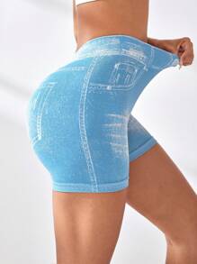 Easithlete 1 pieza Pantalón corto deportivo tejido sin costuras, efecto de mezclilla azul, pantalón corto para yoga, fitness y entrenamiento - Celeste - Ver 6