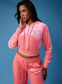 Missguided x Playboy Velvet Cropped Hoodie Workout Jacket Soft Touch Track Suit Lounge Athletic Wear Zip Up Sporty Fashion Fitness Casual Leisure Activewear - Pink - View 5