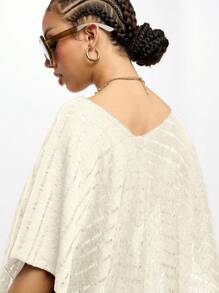 SUMWON WOMEN V Neck Off Shoulder Slouchy Knit Cover Up Ladder Stitching Resort Beach Pool Swimsuit Cover Up Swim Poncho Resort Top Outdoor Summer Beachwear - Cream - View 7