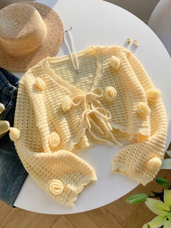 Comfortcana Cardigan tricotat cu șireturi și decor floral 3D de vară