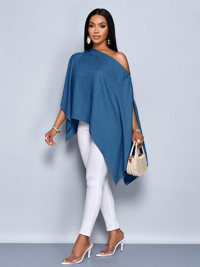 SOLERSUN 女士单肩披肩袖不对称下摆亚麻衬衫