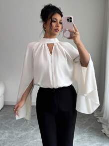 Elenzga Blusa ajustada de gasa con mangas acampanadas elegantes y cuello mao para mujeres, para verano